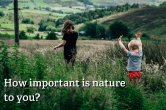 Two children viewed from behind walking through a field. Text on image: How important is nature to you?