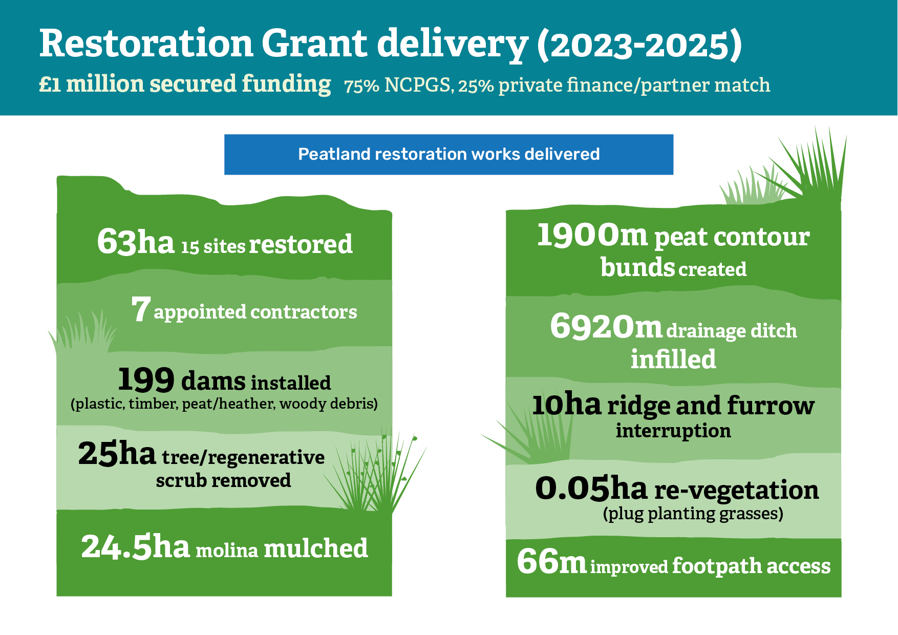 An infographic showing statistics of restoration delivery by the Dorset Peat Partnership