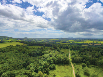 A landscape shot of Powerstock Common taken from above. Green countryside can be seen, with sun behind clouds in the blue sky. 