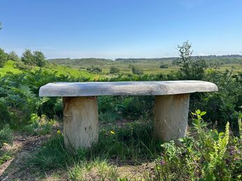A handmade wooden bench, overlooking a green heath with a blue sky