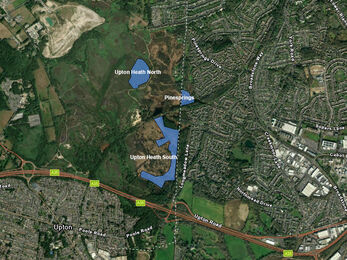 A satellite map image showing parts of Upton Heath highlighted in blue where the work is taking place