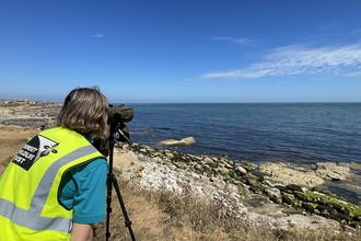 Someone at the waters edge using a scope to look out to sea