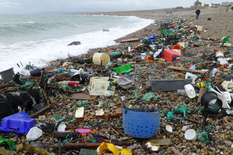 Lots of marine litter washed up on Chesil Beach after a storm