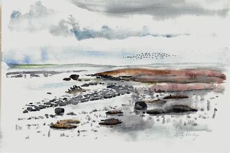 Watercolour painting of the coast and sky
