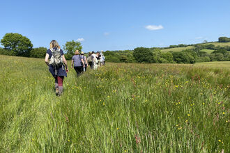 Group of people on guided walk walking across a nature reserve