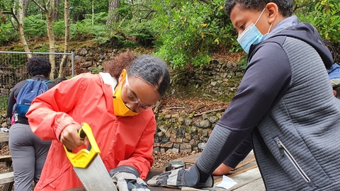 Photo showing two young people on an Explorers Visit, sawing a piece of wood on Brownsea Island