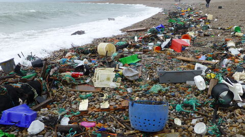 Lots of marine litter washed up on Chesil Beach after a storm