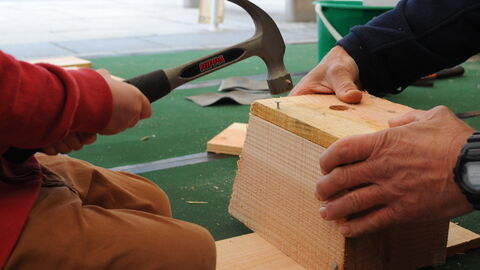 Picture of a child using a hammer to build a bird nest box.