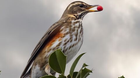 Bird with red wing with berry in it's mouth