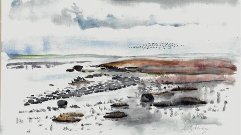 Watercolour painting of the coast and sky