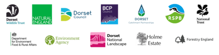 A set of 12 logos representing the organisations involved in the Dorset Peat Partnership