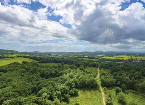 A landscape shot of Powerstock Common taken from above. Green countryside can be seen, with sun behind clouds in the blue sky. 